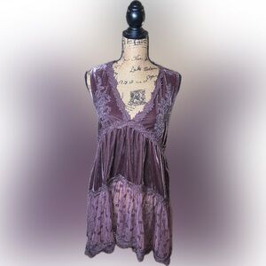 POL Mauve Purple Lace Velvet Deep V Neck Baby Doll Empire Waist Tunic Blouse L